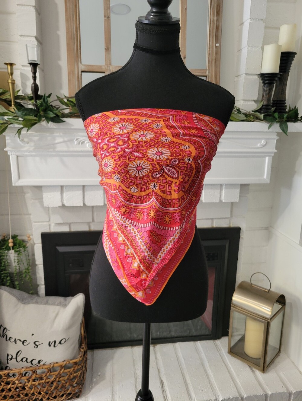 Vibrant Pink-Orange Patterned Silk Multipurpose Headscarf Scarf